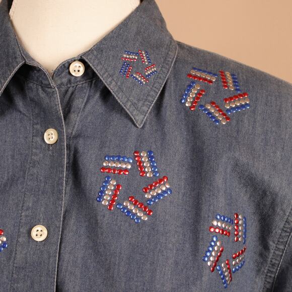 VTG Karen Scott sport Denim Red, White & Blue Bedazzled SS Button Up sz M - Picture 2 of 8